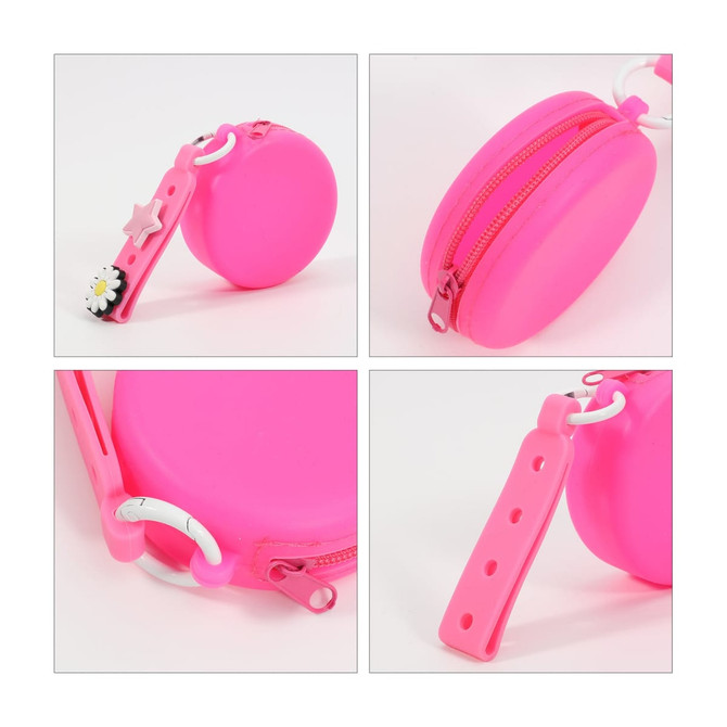 A pink silicone pouch with a zip closure and a strap featuring decorative elements and holes for attachment.
