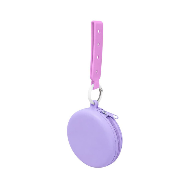 A round silicone pouch in lavender with a pink strap, featuring a zipper and a metal ring for attachment.