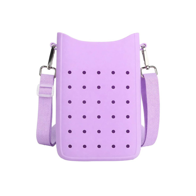 A purple silicone phone bag with holes, featuring a strap and a simple, modern design.
