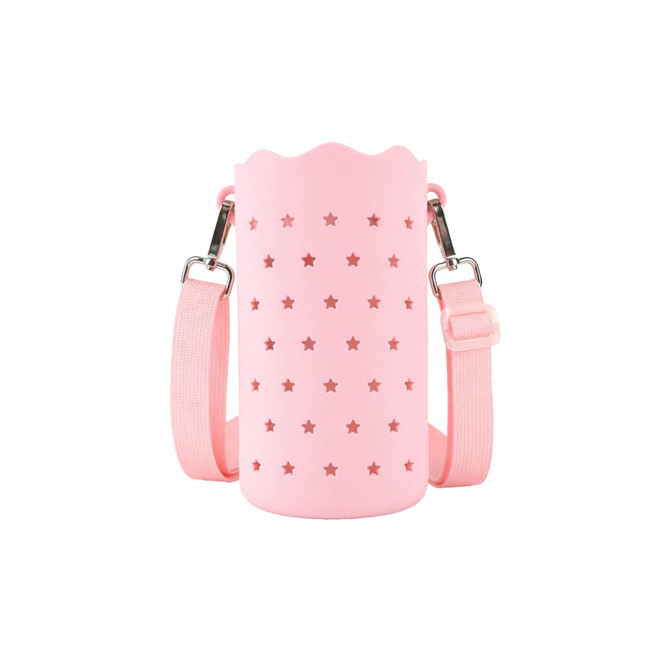 A drink bottle bag in soft pink silicone, featuring star cut-outs and an adjustable strap.