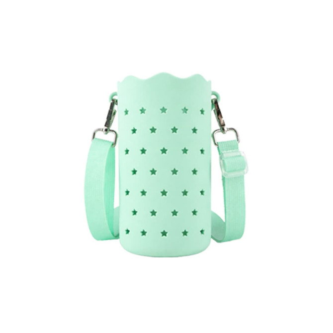 A drink bottle bag in mint green with star cut-outs, featuring a detachable strap and a logo.