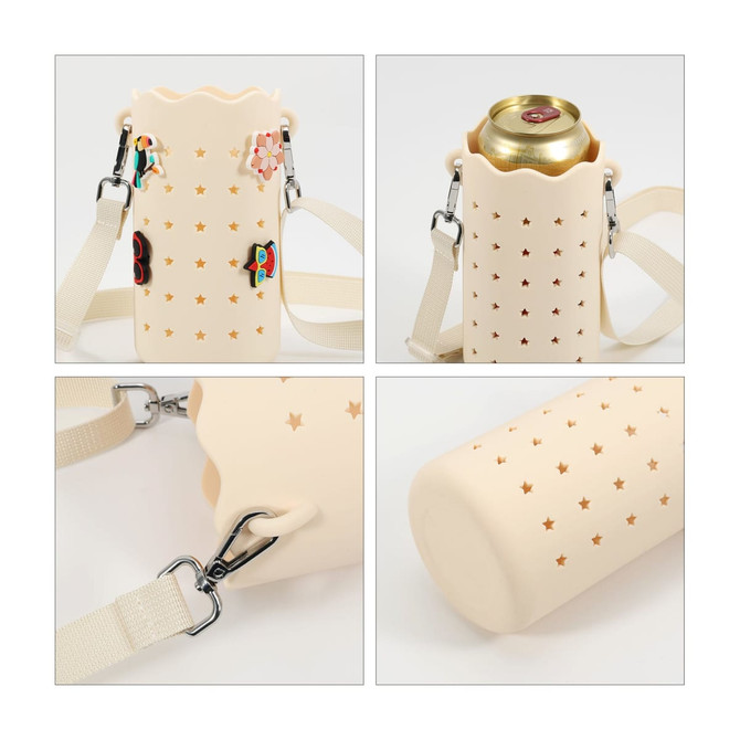 A drink bottle bag in soft cream with perforated star design, featuring a strap and decorative elements.