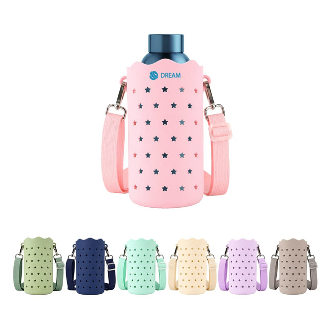 A drink bottle bag in pink with star patterns, featuring a shoulder strap and various colour options displayed below.