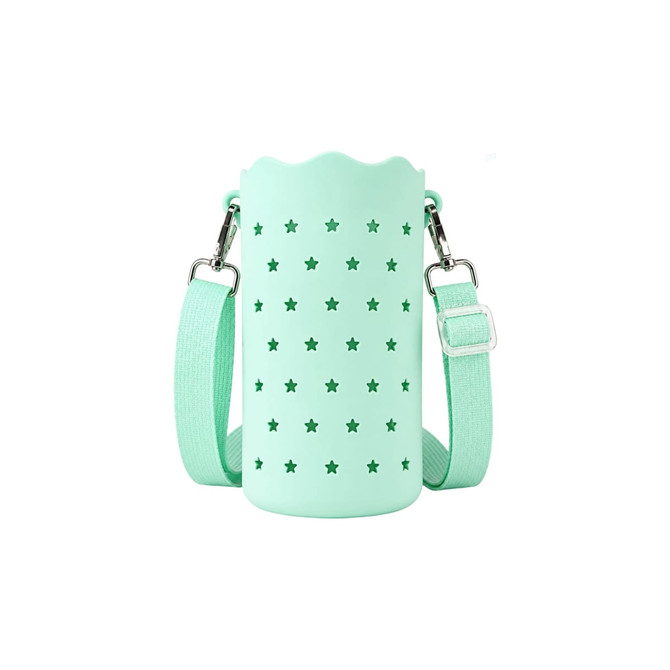 A drink bottle bag in mint green silicone with star cut-outs, featuring a detachable strap and a logo.