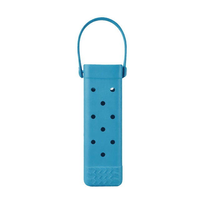 A drink bottle bag in bright blue with holes and a handle, designed for carrying wine bottles.