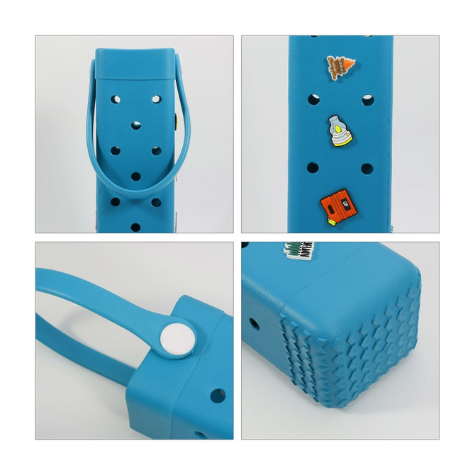 A drink bottle bag in vibrant blue, featuring decorative holes and a handle, with various small embellishments.