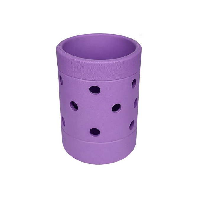 A drink bottle holder in purple, featuring multiple circular holes for ventilation. It has a simple, cylindrical design.