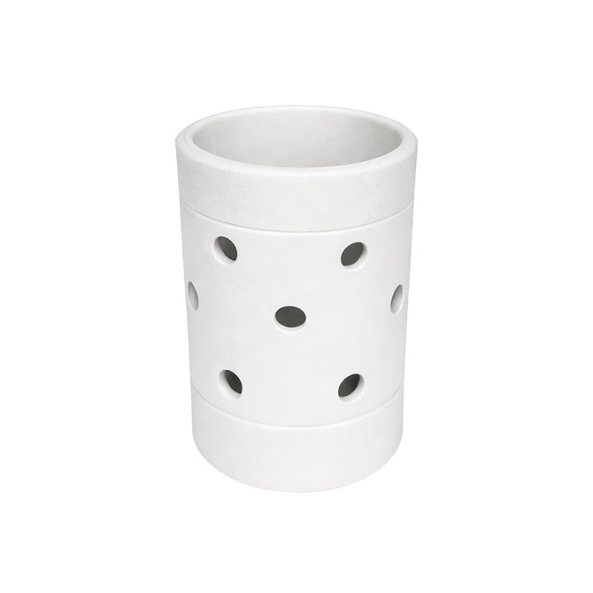 A drink bottle holder in white with multiple holes for airflow and a simple cylindrical design.