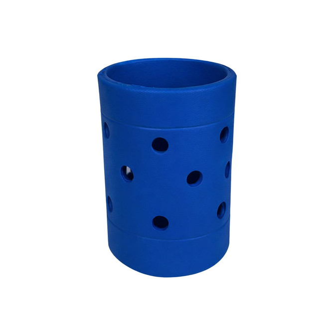 A drink bottle holder in vibrant blue, featuring multiple circular holes for ventilation. It has a simple, cylindrical design.