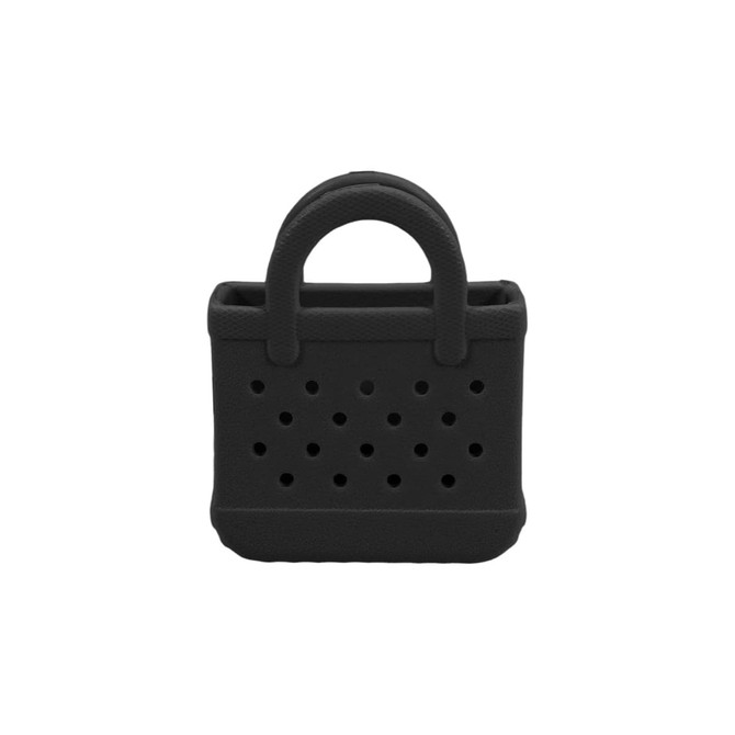 A mini black EVA holes bag charm with a textured finish and handle, featuring multiple perforations.