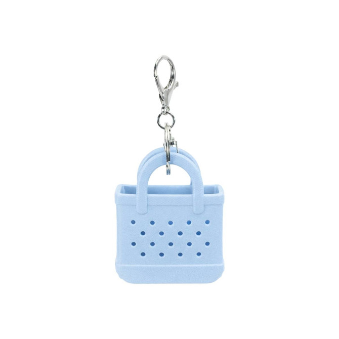 A light blue mini EVA bag keychain with perforated design and a metal clasp.