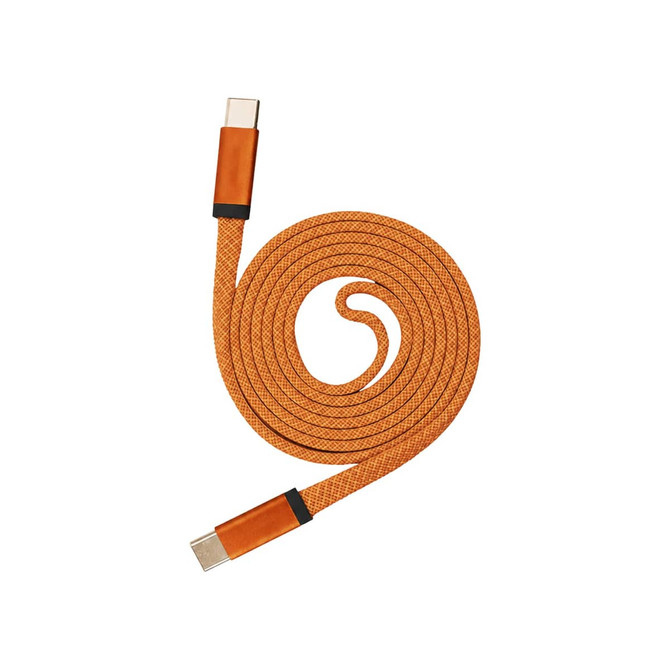 An orange 100W magnetic flat braided charging cable with USB connectors at both ends, featuring a logo.