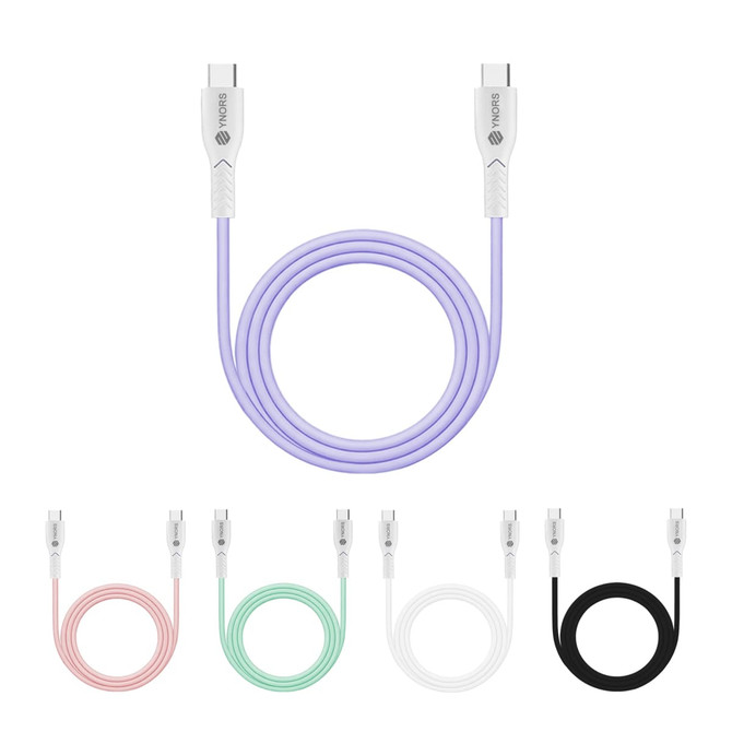 A 100W fast charging cable in purple, alongside pink, white, mint, and black variants. Each cable features USB connectors and a logo.