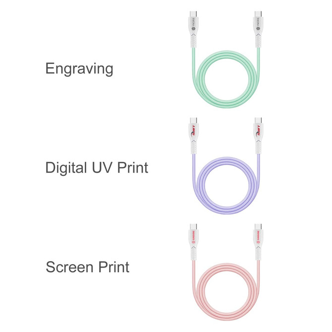 A collection of three charging cables in mint green, lavender, and pastel pink, each with different printing options.