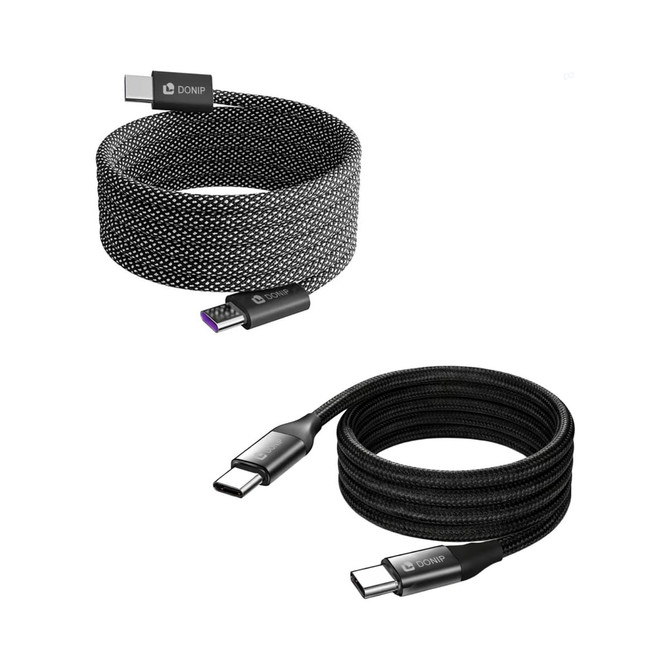 A magnetic round braided charging cable in black, featuring USB connectors and a logo.