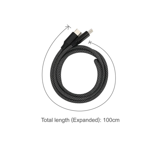 A 100cm black braided charging cable with one USB connector and one magnetic connector, featuring a logo.