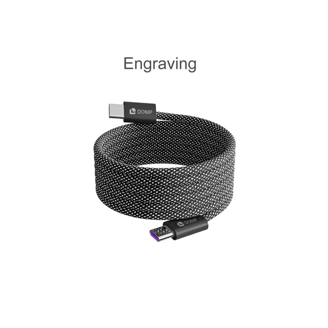 A black braided charging cable with USB-C connectors at both ends. Features branding on one connector.