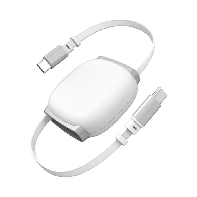 A white retractable charging data cable with USB-C connectors on both ends, featuring a sleek design and minimalistic branding.