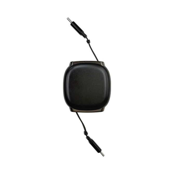 A retractable charging data cable in black, featuring two connectors and a compact, square design with a logo.