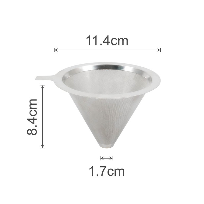 A stainless steel coffee filter in a conical shape, featuring a handle, with measurements indicated.