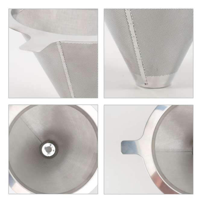 A stainless steel coffee filter with a mesh design, featuring a handle and a conical shape. It has a shiny metallic finish.