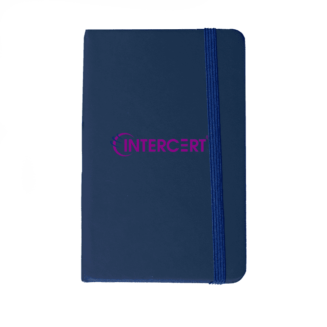 A navy blue notebook with a band, featuring a logo on the cover.