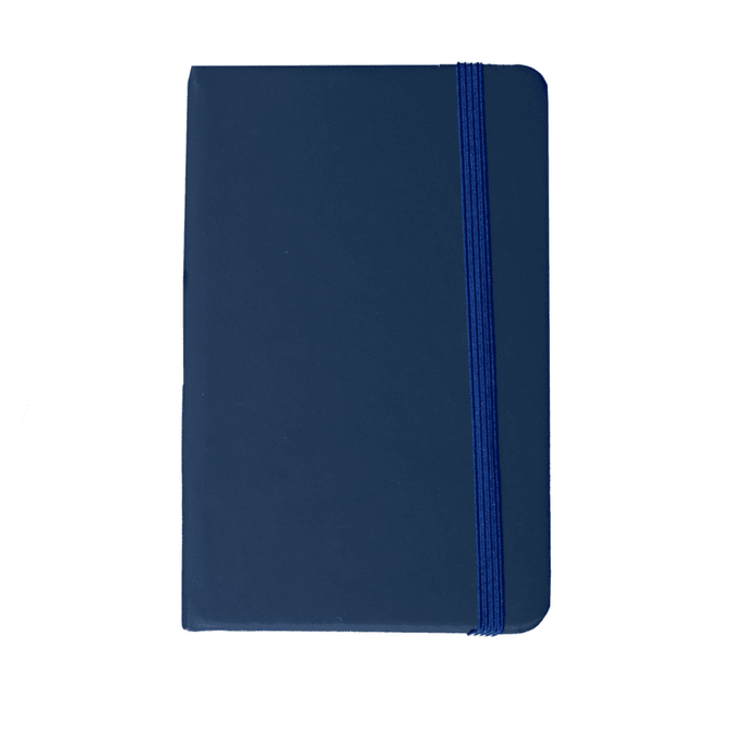 A navy blue A6 notebook with a ribbon band and a logo on the cover.