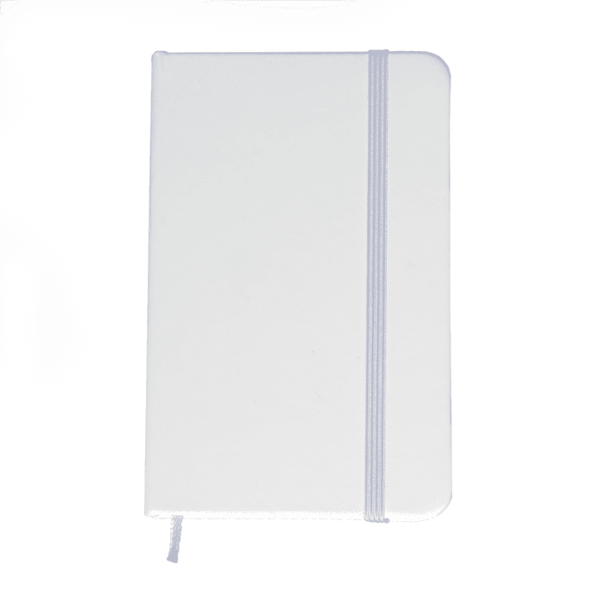 A white Minichroma A6 notebook with a textured cover and an elastic band closure. It features a ribbon marker.