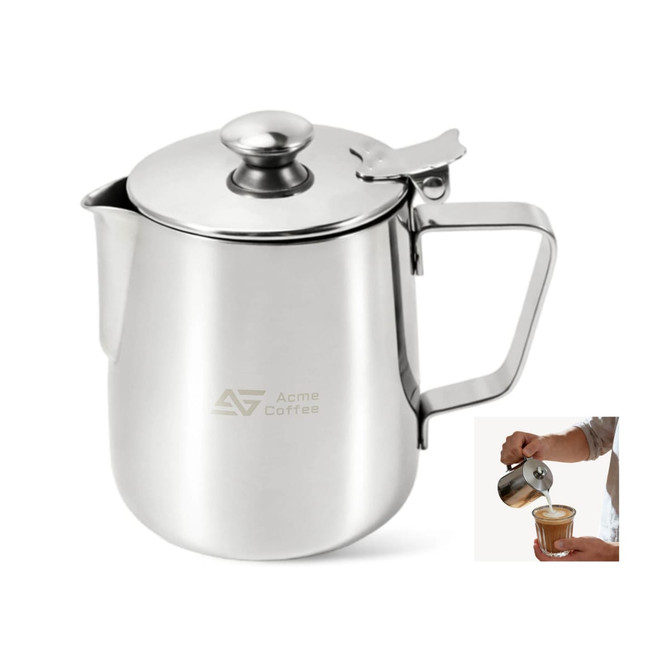 A stainless steel milk frothing pitcher with a lid, featuring a sleek design and a handle. Includes a branding logo.