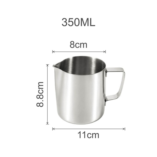A stainless steel milk frothing pitcher with a capacity of 350ML, measuring 8cm in height and 11cm in width.