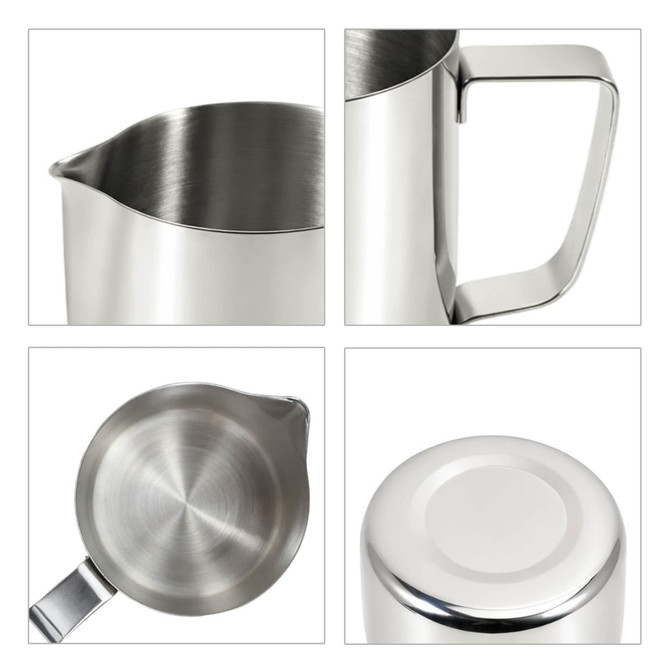 A stainless steel milk frothing pitcher with a sleek design, featuring a spout and handle. It has a polished finish.