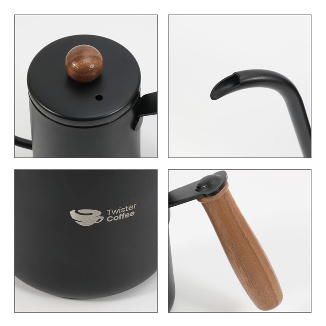 A stainless steel pour over kettle with a black finish, wooden handle, and a logo on the side.