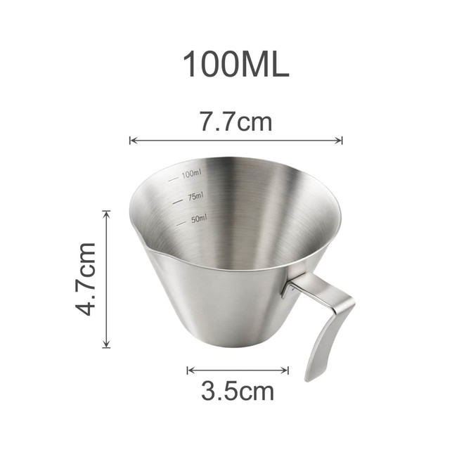 A stainless steel measuring cup with a handle, marked with measurements up to 100ml.