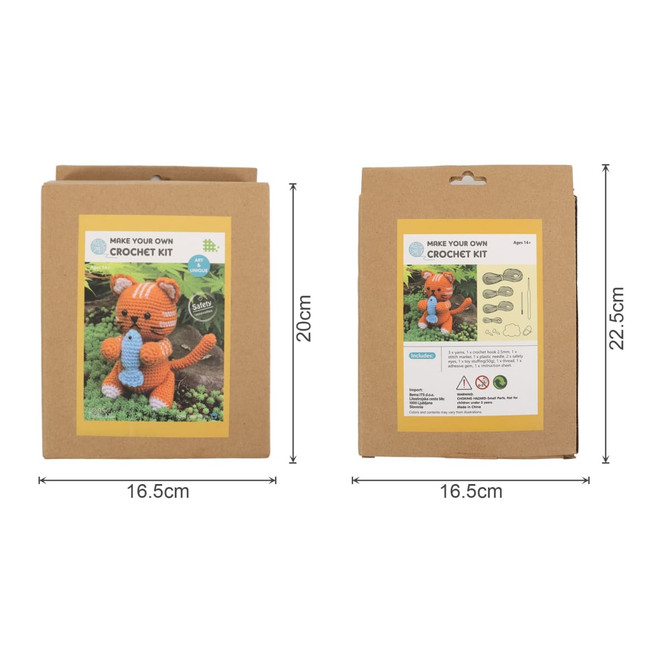 A crochet kit packaged in a brown box with a colourful image of a toy and instructions on the front.