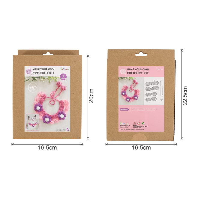 A crochet kit packaging featuring a pink and purple pet bib design, with dimensions and a branding logo.