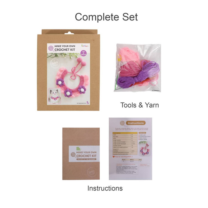 A crochet kit set including yarn in pink and purple, tools, and instructions in a sealed bag and box.