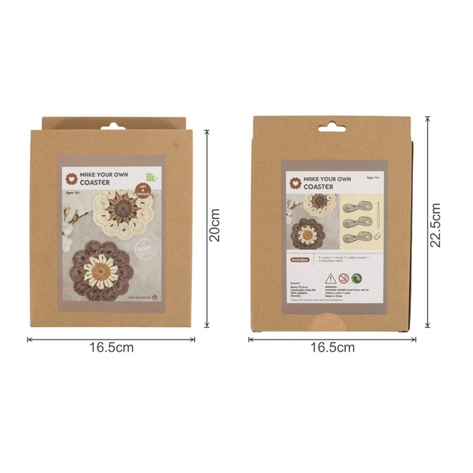 A cardboard packaging for a Custom Coaster Crochet Kit featuring beige, cream, and brown coasters, with a logo.