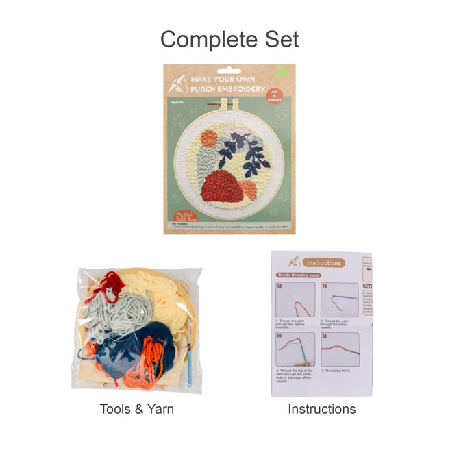 A punch needle coaster kit including tools, yarn in various colours, and instructions. The packaging features a logo.
