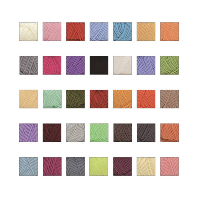 A grid of colourful yarn swatches in various shades including cream, red, purple, green, and orange.