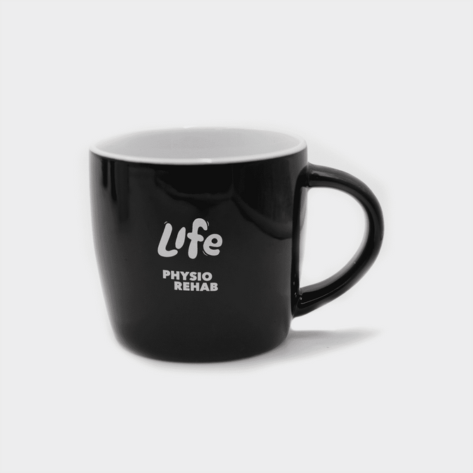 A black ceramic mug with a curved design and a handle, featuring a logo on the front.