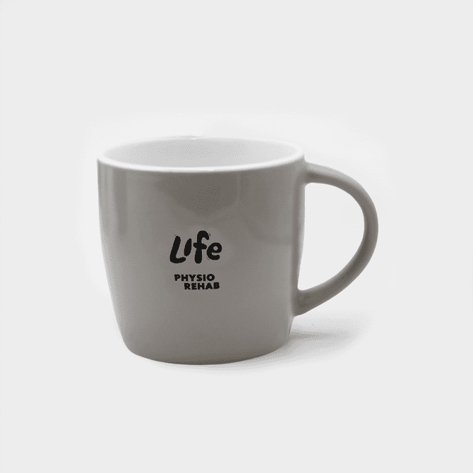 A ceramic mug in light grey featuring a handle and a logo on the front.