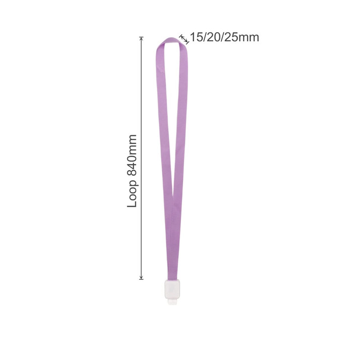 A purple retractable lanyard with a loop measuring 840mm and a white attachment at the end.