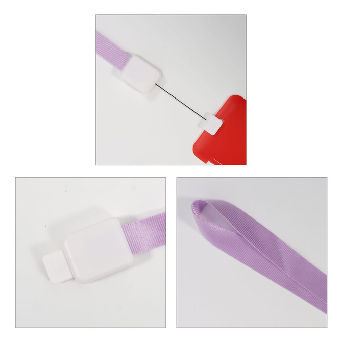 A retractable lanyard in lavender with a red attachment and white casing. Features a smooth retracting mechanism.