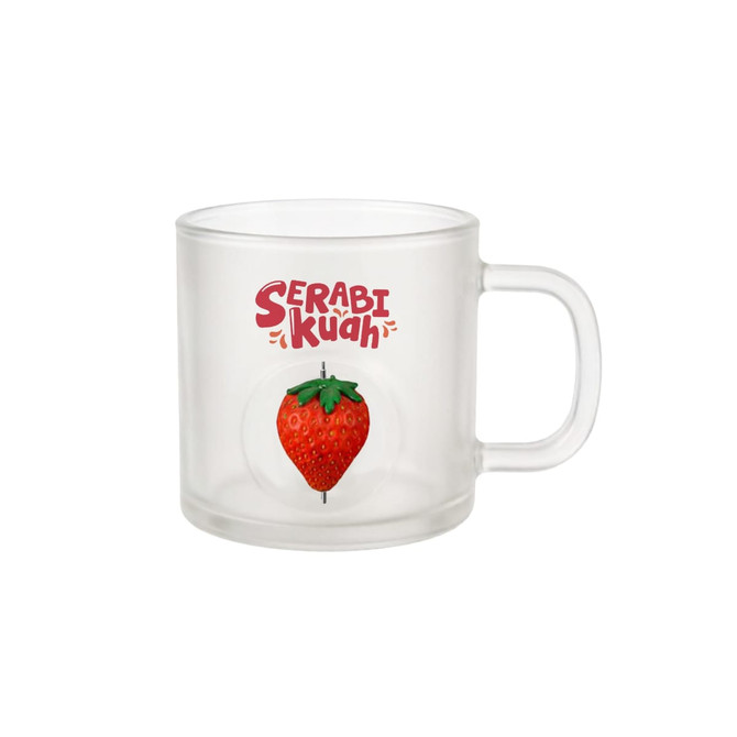 A frosted glass mug with a custom spinner toy featuring a strawberry design. The mug includes a handle and a logo.