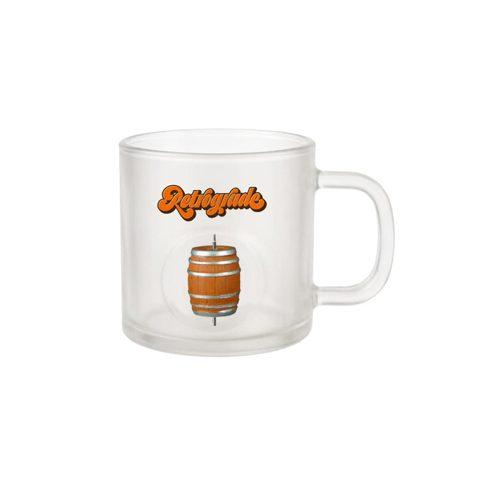 A frosted glass mug with a handle featuring a logo and an image of a wooden barrel.