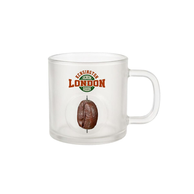 A frosted glass mug with a handle, featuring a coffee bean design and a logo.