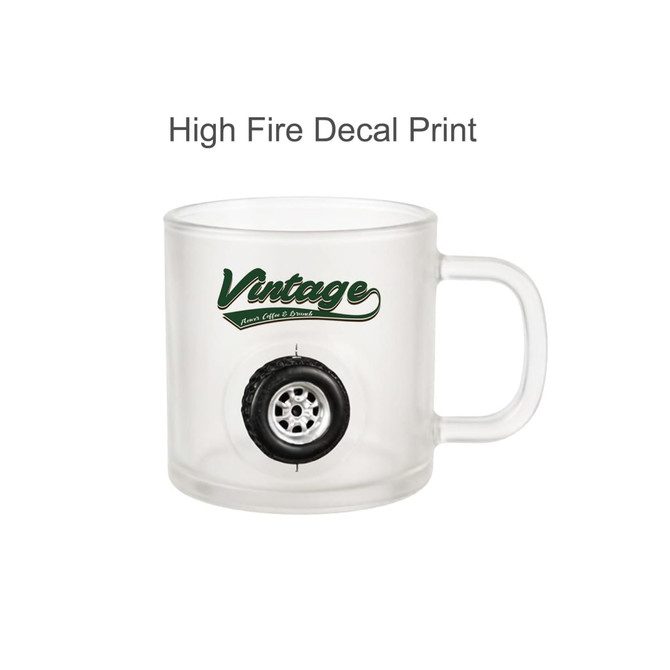 A frosted glass mug featuring a vintage-style design and a graphic of a tyre, complete with a handle.