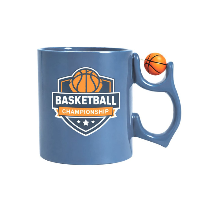 A blue ceramic mug with a basketball-themed design and a custom spinner toy attached to the handle.