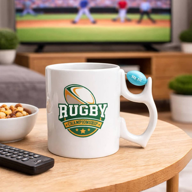 A white ceramic mug featuring a rugby-themed design and a custom spinner toy on the handle, set on a table.
