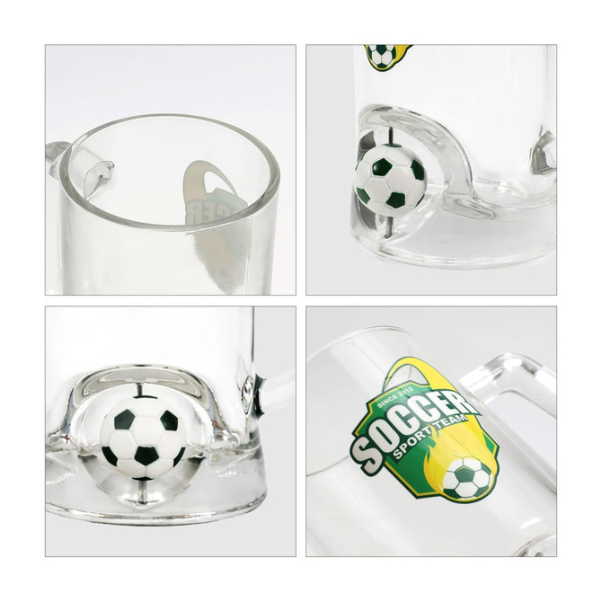 A clear beer glass featuring a custom spinner toy with a soccer ball design, showcasing vibrant green and yellow accents.